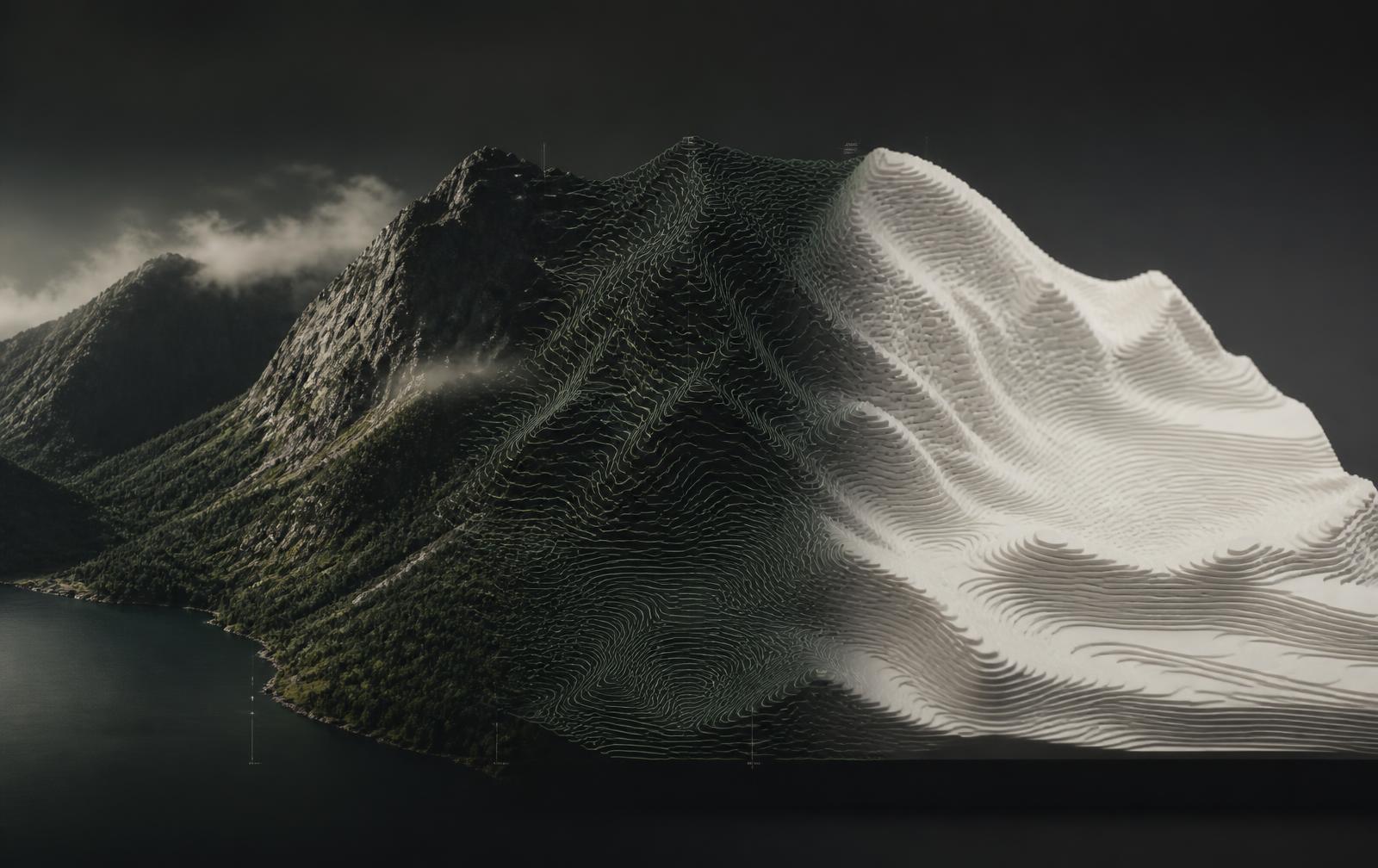 Fjellandskap som går over i digital høydemodell og videre til fysisk 3D-printet terrengmodell
